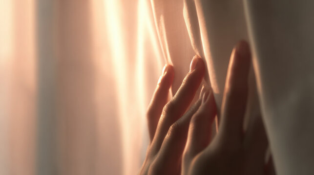 Curious hand gently touches soft curtain, capturing moment of sober movement as light filters through, creating serene atmosphere