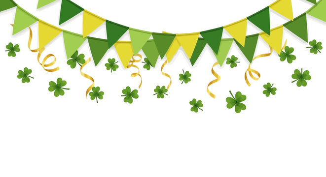 St. Patrick's Day festive border with green and yellow flags, shamrocks, and golden ribbons on a white background.