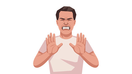 A man showing stop gesture expressing negative emotion.
