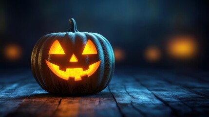 Halloween pumpkin jack o lantern on wooden background, 3d render