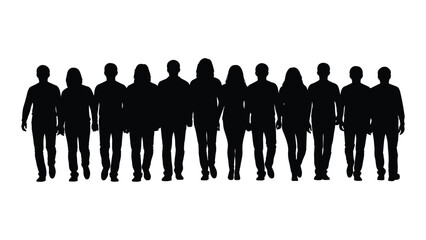 Diverse group of walking silhouettes isolated on white background, Vector