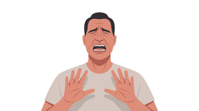 Illustration of a man expressing fear with raised hands and closed eyes.