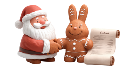 Santa Claus and Gingerbread Bunny Signing Contract, Cute 3D Christmas Illustration