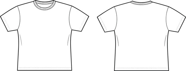 Cad drawing flat vector illustration, technical fashion sketch, short sleeve t-shirt front and back, apparel design template, garment blueprint