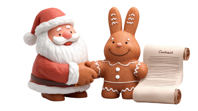 Santa Claus and Gingerbread Bunny Signing Contract, Cute 3D Christmas Illustration