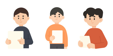Set of flat cartoon illustration of office worker working on laptop computer. Co-working and working space concept