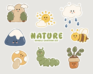 Cute Cartoon Nature Doodle Set. Kawaii Mountain, Sun, Cloud, Bee, Mushroom and Plant Vector Illustration.