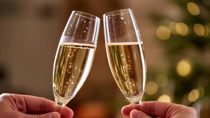 Hands holding and clinking champagne flutes filled with sparkling wine, with golden bubbles and blurred festive lights in background. Celebration toast. Elegant holiday mood. - Powered by Adobe