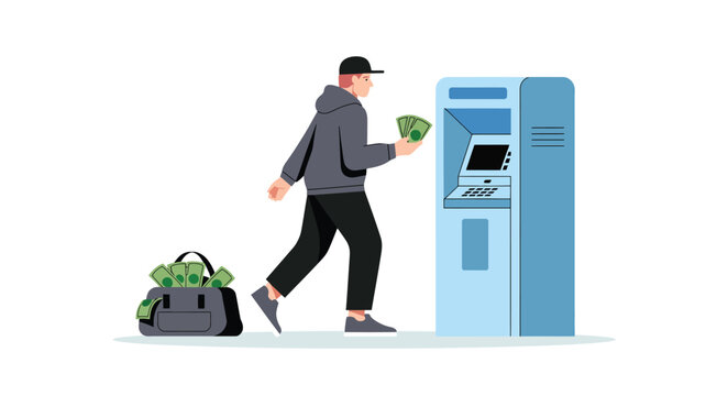 illustration of person holding cash near atm with duffel bag full of money suggesting banking or suspicious activity