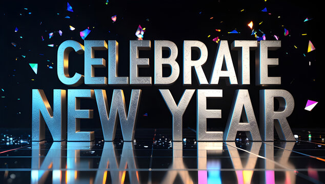 Celebrate New Year Titanium Metallic Typography with Prism Light Refractions in Dark Studio | Futuristic Silver Letters, Abstract Glow, Premium Holiday Background Graphic