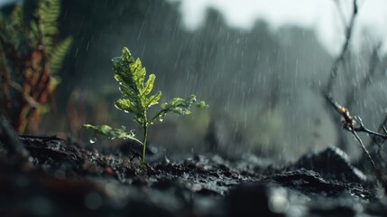 Young Plant Growing During Rainfall in Dark Night Environment