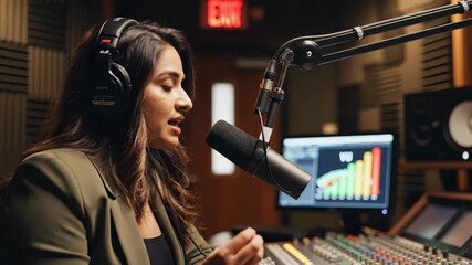 Asian woman hosting radio segment in studio. She speaks into microphone while gesturing at data graphs on screens. Professional broadcasting and media analysis concept. - Powered by Adobe