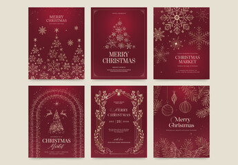 Christmas Poster Template Set in Festive Red & Gold for Invitation, Flier, Greetings Card & Invite Layouts