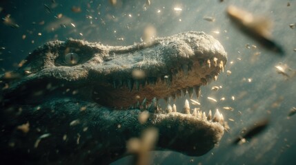 Underwater Scene of a Large Crocodile with Sharp Teeth Surrounded by Fish