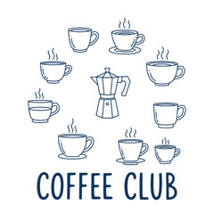 Dark blue line art coffee cups and moka pot arranged in a circle above text steam