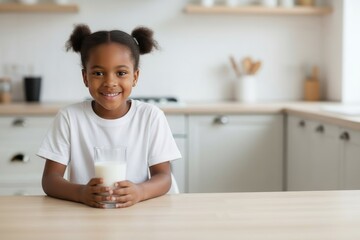 African American girl with pigtails is smiling while holding a glass of milk, sitting at a wooden kitchen table, showcasing a cheerful and healthy lifestyle in a bright home environment
