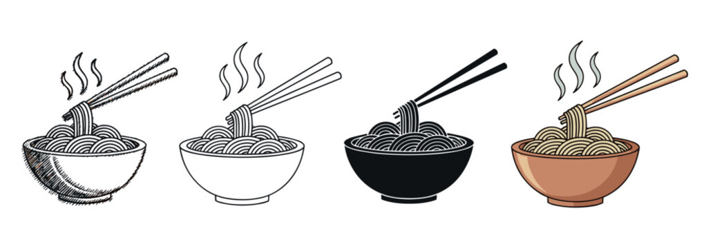 Set of four noodle bowl illustrations in various graphic styles including sketch, line art, silhouette, and color, each depicting steaming hot ramen being lifted with chopsticks