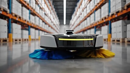 Autonomous floor cleaning robot sweeps warehouse floor, ensuring cleanliness, efficiency - Powered by Adobe