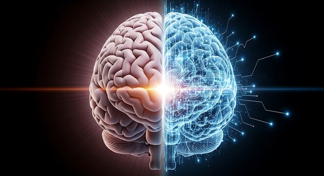 Artificial Intelligence and Human Brain Concept Showing the Fusion of Technology with Human Thought and Creativity Representing Future Innovation in Neuroscience and Cognitive Enhancement