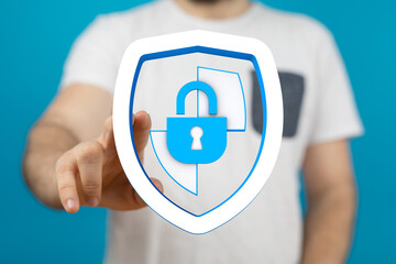 Illustration of a shield with a padlock, representing data security, privacy, and protection. Concept of cybersecurity and safe digit