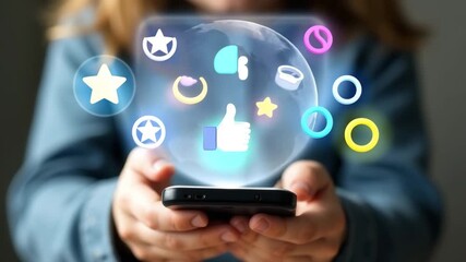 A young Caucasian woman holds a smartphone displaying floating social media icons. The scene illustrates digital communication and social networking. - Powered by Adobe
