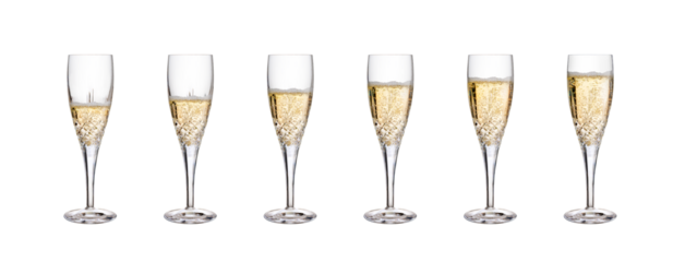 A collection of part full glasses of champagne, champagne flutes, fizzy wine, as a birthday celebration or to celebrate the New Year with against a isolated transparent background.