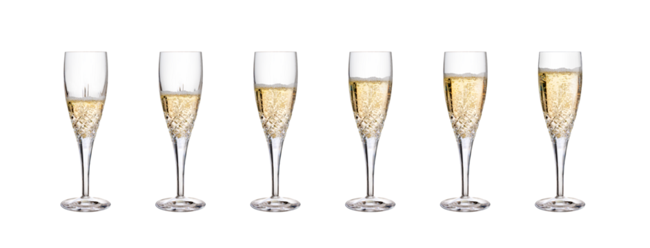A collection of part full glasses of champagne, champagne flutes, fizzy wine, as a birthday celebration or to celebrate the New Year with against a isolated transparent background.