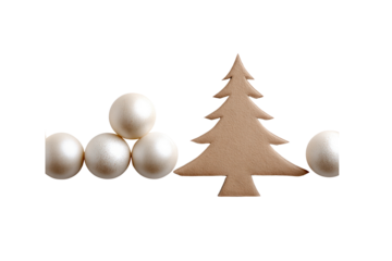 Minimalist Holiday Decor: A festive arrangement featuring a handcrafted wooden Christmas tree and pristine white orbs, creating a scene of seasonal elegance and simplicity.