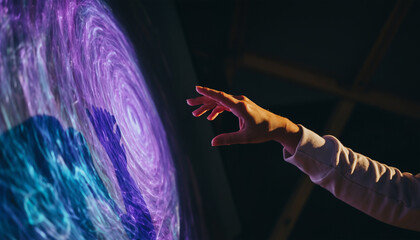 Hand Reaching for Swirling Galaxy Projection