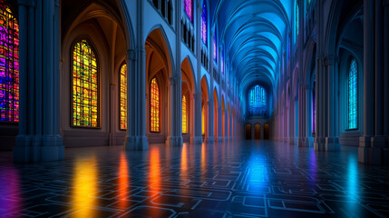 Fototapeta premium Futuristic Cathedral with AI Circuitry Blending into Gothic Arches and Holographic Stained-Glass