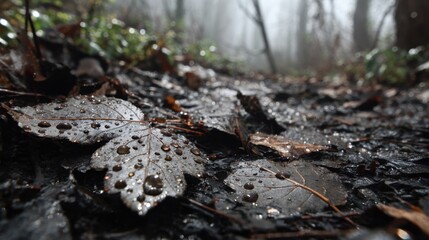 Close-up of wet fallen leaves on forest floor in foggy woodland scene