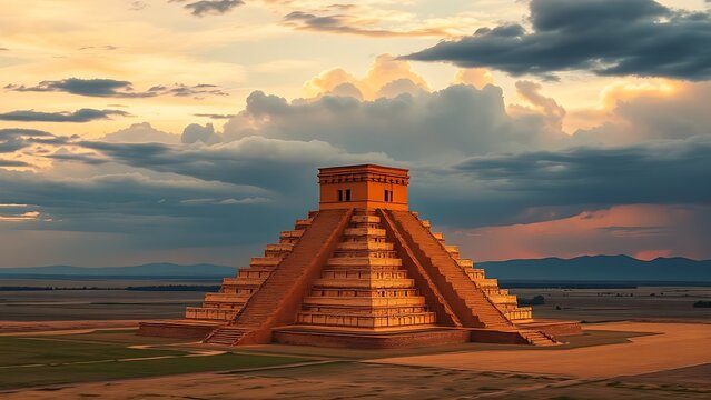 ziggurat. Ancient ziggurat tower rising from plains against a dramatic sky during the golden hour. real-estate listings.