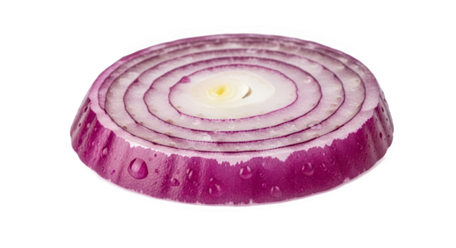 Red onion slice with concentric purple and white rings, fresh surface and water droplets—vivid, crisp, and ideal for culinary or botanical reference