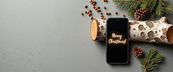 Modern smartphone displaying digital 'Merry Christmas' message on firewood  
