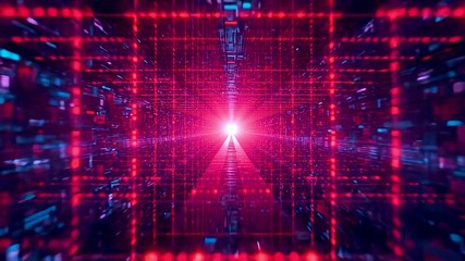 Vibrant red digital tunnel with glowing grids and illuminated particles forming a high-tech neon pathway converging toward a bright central light - Powered by Adobe