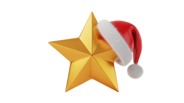 A golden five pointed star adorned with a festive red and white santa claus hat symbolizing christmas celebration and holiday cheer isolated on transparent background