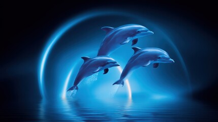 Three dolphins gracefully leaping through luminous blue waters under a glowing moonlit backdrop