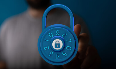 Concept of data security and online protection, a digital lock with a combination dial. Safe and secure data ac