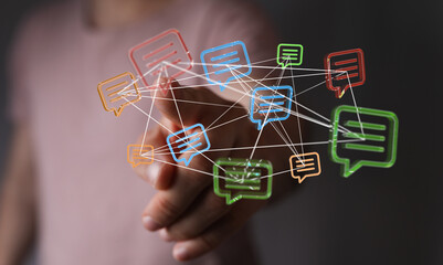 Abstract image showing interconnected messages representing communication technology and networking, conveying connection and digital interactio