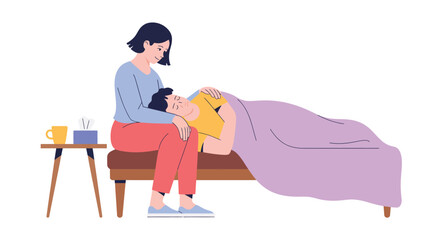 emotional support and compassion illustration showing a comforting moment between two people in a cozy bedroom setting