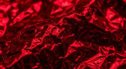 Intense red abstract background featuring a crumpled metallic texture with strong highlights and deep shadows creating a dynamic and visually striking effect perfect for backgrounds or overlays
