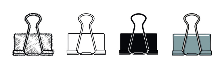 Set of four binder clips in various artistic styles including hand-drawn sketch, simple outline, solid black silhouette, and a flat color illustration for office supplies