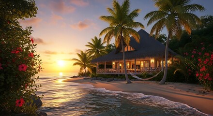 Tropical sunset over ocean beach with palm trees and a vacation cottage
