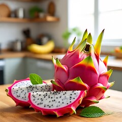 Exotic Dragon Fruit and White Flesh with Black Seeds on Plate