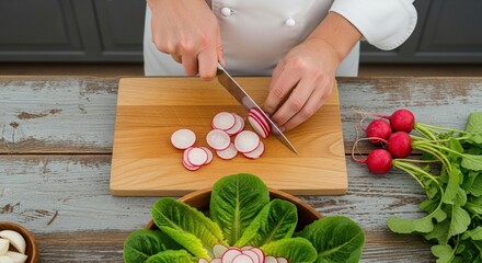 Chef slicing radishes on a wooden cutting board with fresh vegetables.