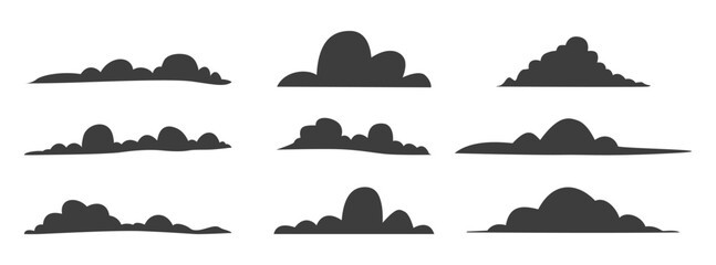 Dark cloud silhouettes vector set ideal for pollution smoke or stormy weather design.