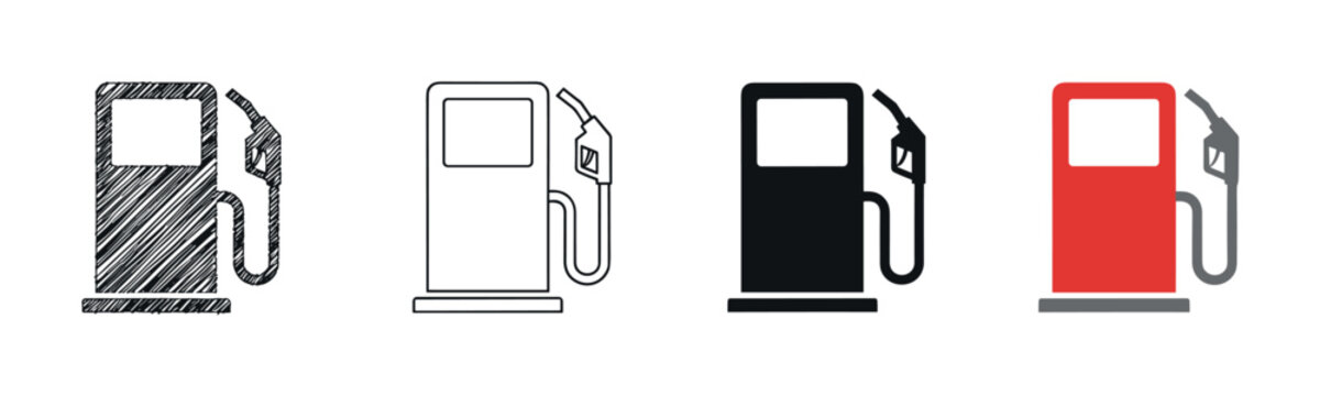 Gas pump icon set in four different styles including hand-drawn sketch, thin line, solid black silhouette, and flat color design for transportation and energy concepts