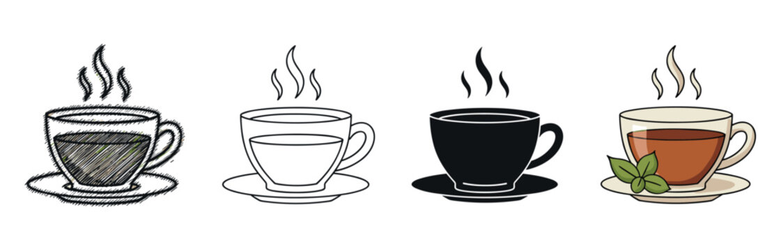 Set of four illustrated cups of hot tea or coffee in different artistic styles including sketch, line art, silhouette, and a colored cartoon version with mint leaves