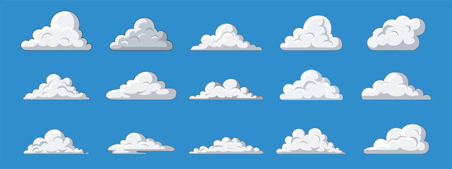 Comic book style shaded cloud vector set with thick outline for weather graphic design.