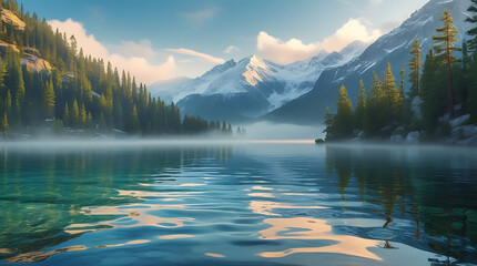 A peaceful mountain lake surrounded by mist, with clear water reflecting the towering peaks, creating a serene and calming atmosphere. Perfect for nature, travel, and meditation projects.